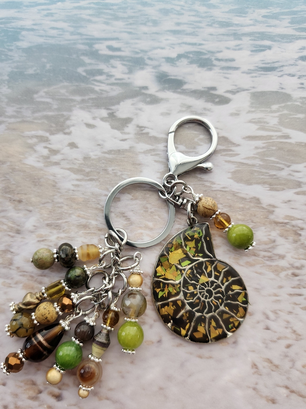 Coastal Shell Fossil Purse Charm or Keychain Jasper Agate Stone Handcrafted